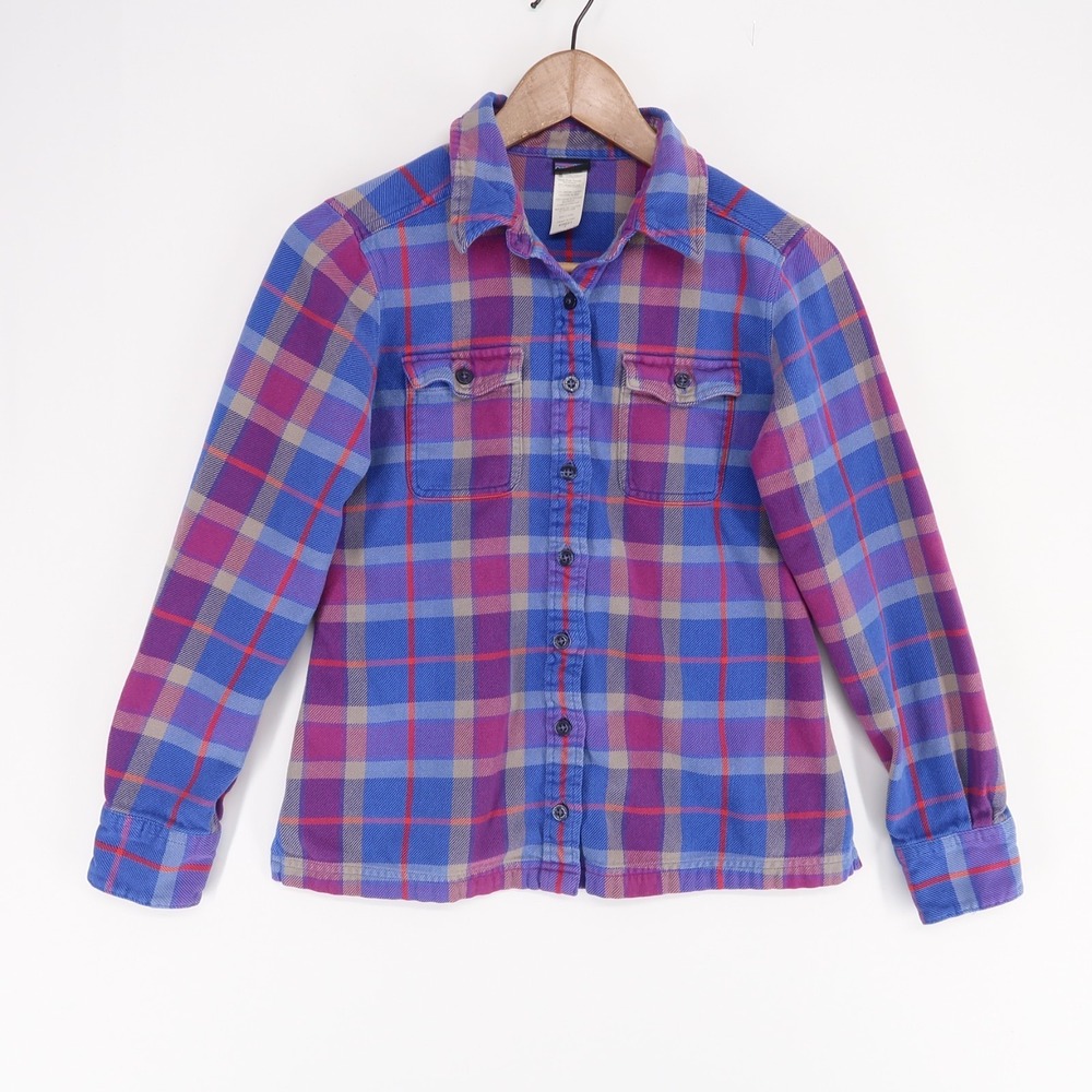 Patagonia Fjord Shirt Womens 2 Purple Plaid Flannel Organic Cotton Long Sleeve